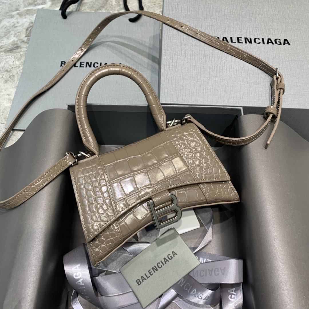 Balenciaga Hourglass XS Handbag Crocodile Embossed Shoulder Bag Dark Gray